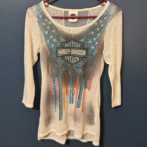 Harley-Davidson White and Blue Embellished Tee